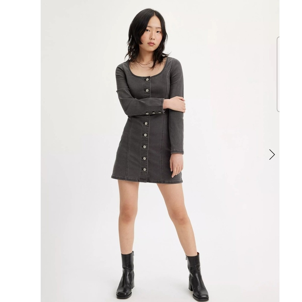 Levis Womens Button Front Denim Mini Dress Washed Black Long Sleeve XS
